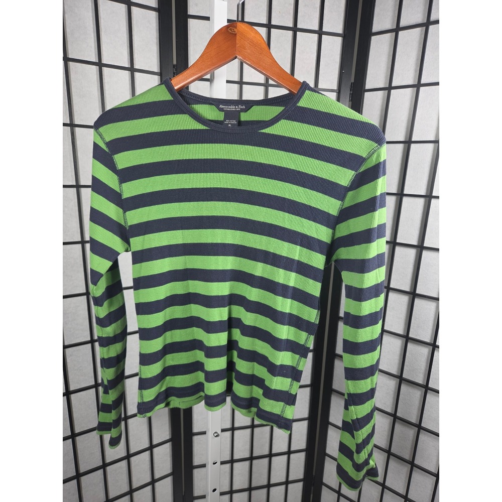 Vintage Abercrombie & Fitch Y2K Striped Ribbed Long Sleeve Top Green Navy XL